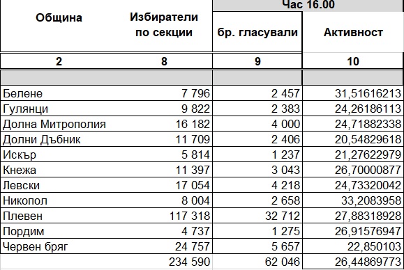 Малко над 26% е активността в област Плевен към 16 ч.в изборния ден