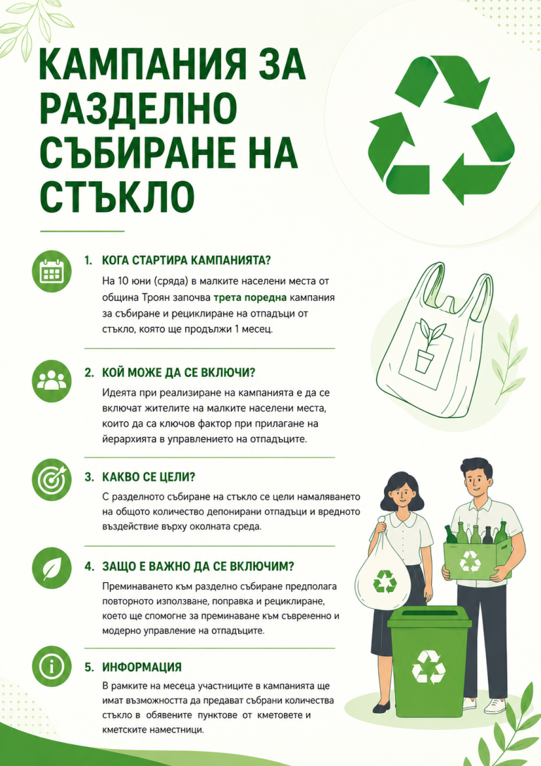 Стартира кампания за разделно събиране и рециклиране на отпадъци от стъкло в малките населени места на община Троян