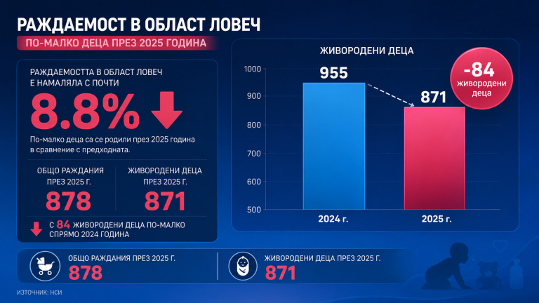 Раждаемостта в област Ловеч е намаляла с почти 9 процента